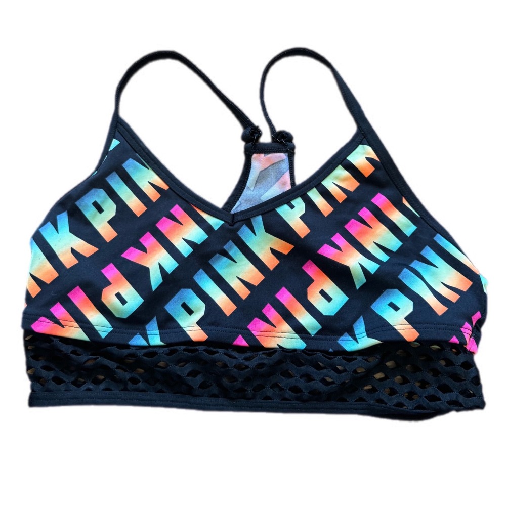 PINK Sports Bra Women Small Black‎ Rainbow Excellent Mesh Ultimate Racerback